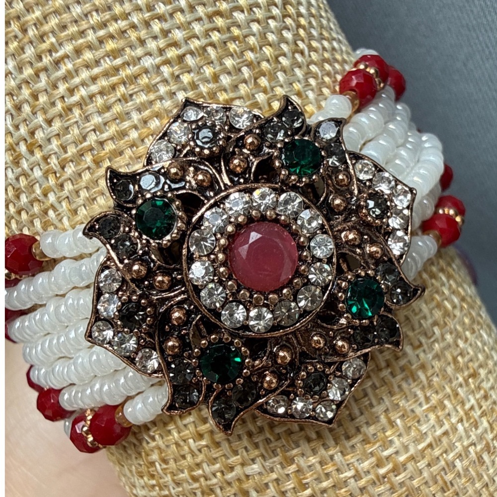 Boho Multi Strand Seed Bead Bracelet Red White Rhinestone Floral Medallion 7.5"